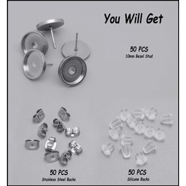 50 Stainless Steel 10mm Thick Blank Stud Earring Bezel +100 Backs Set, Round Cabochon Setting Tray Kits Post Cup Findings Earring Jewelry Making Supplies(Inner 10mm, 0129)