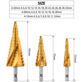 Gunpla 3 Piece HSS Spiral Step Drill Bits Set, Titanium Coated Hex Shank Drilling Bit Kit for Wood, Stainless Steel, Iron Plate, Aluminum, PVC Board 4mm to 32mm