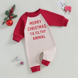 FIOMVA My First Christmas Baby Boy Girl Outfit Infant One Piece Jumpsuit Newborn Christmas Romper Fall Winter Clothes (D Merry Christmas Ya Khaki,0-3 Months)
