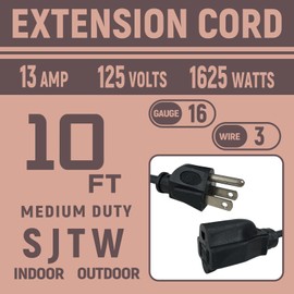 GreenProsper 10 Ft Indoor Outdoor Black Extension Cord, 16 Gauge Waterproof Electrical Cable with 3 Prong Grounded Plug, 13A 1625W 16/3 SJTW Electrical Cord, UL Listed