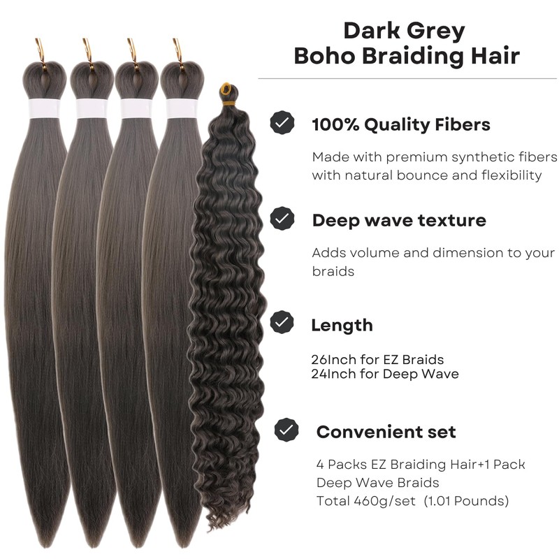 Grey Boho Hair for Braiding Dark Grey Crochet Pre stretched