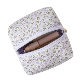 WHHJM Cube Cosmetic Makeup Bag Small Cotton Quilted Makeup Pouch for Purse Cute Floral Travel Toiletry Zipper Pouch (Purple Floral)