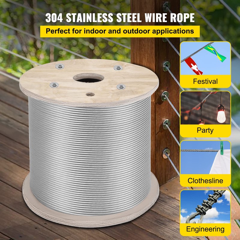 VEVOR 1/4" Stainless Steel Cable 200FT, T304 7x19 Tighter Core