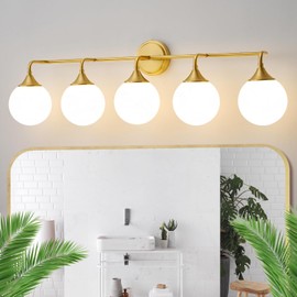 Ritakcdn Gold Bathroom Light Fixtures, Modern Vanity Lights Over Mirror, Brushed Brass Wall Sconce Lighting 5-Light with Milky White Glass Ball Shades