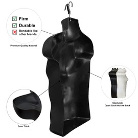 DisplayTown 6 Pack Black Male Mannequin Hollow Back Body Torso Dress Form w/ Clothes Clips and Hanging Hooks, S-M Sizes