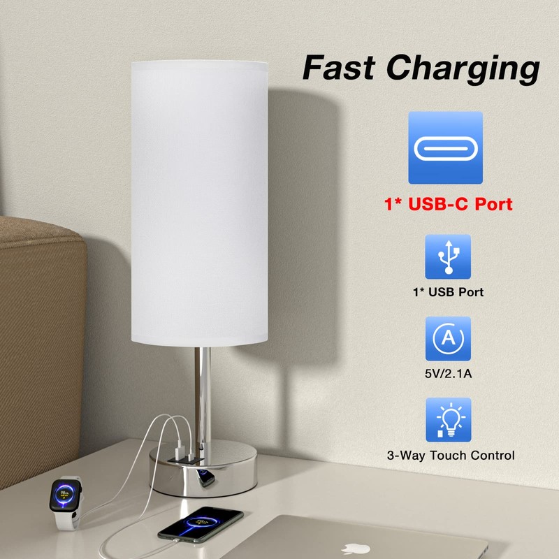 White Bedside Touch Table Lamps for Bedroom Nightstand with USB-C