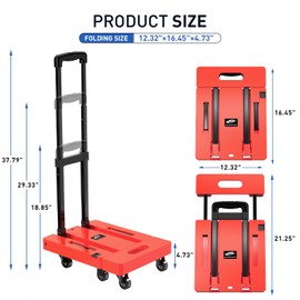 SPACEKEEPER Folding Hand Truck, 500 LB Heavy Duty Luggage Cart, Utility Dolly Platform Cart with 6 Wheels & 2 Elastic Ropes for Luggage, Travel, Moving, Shopping, Office Use, Orange