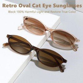 FSMILING 2/4 Retro Oval Sunglasses Women's Vintange Slim Skinny Trendy 90S Sunglasses for Women, Black / brown