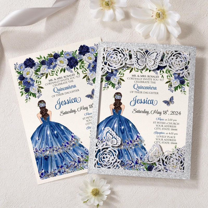 DORIS HOME 50Pcs Glitter Silver Butterfly Quinceanera Invitations, 5" x