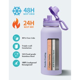 32/40/64 OZ Insulated Water Bottle - with Straw Auto Spout Lid, 32 oz Water Bottles Sleeve, Paracord Handle, Protective Boot, Metal Thermos Stainless Steel Flask Cup for Women Work Sports Gym Travel