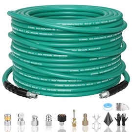 SITIMIMIL 50FT Sewer Jetter Kit for Pressure Washer,1/4‘’NPT Drain Cleaner Hose 5800PSI, with Adapter Corner Rotating Button Nose Sewer Jetting Nozzles Kit Pearl Corsage Pin Spanner Waterproof Tape