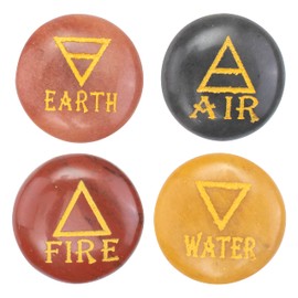 Crocon 4 Elements Assorted Stones Round Shape Engraved Triangle Symbols (Earth Air Fire Water) Polished Palm Stones for Gemstone Reiki Crystals Healing