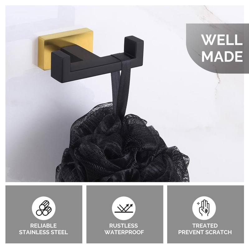 Angle Simple Double Towel Hook Black & Gold, Stainless Steel