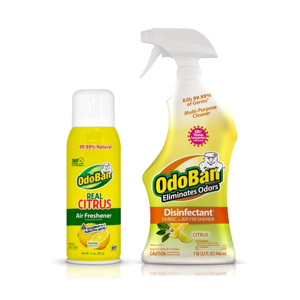 OdoBan Aroma Eliminator and Disinfectant Set, 10 Ounce Toilet Spray 360-Degree Continuous Spray Natural Oil Real Citrus Lemon Air Freshener and 32 Ounce Multipurpose Cleaner Trigger Spray