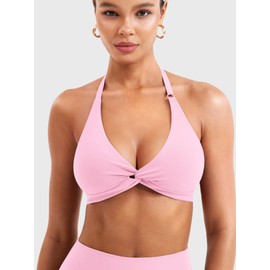 YEOREO Sports Halter Bras for Women Removable Padded Light Impact Seamless Workout Gym Minimal Crop Tops, Pink, X-Large