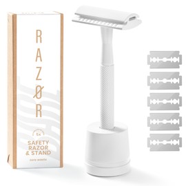 White Safety Razor Reusable Metal Shave Kit for Women & Men – Includes Stand + 5 Platinum-Coated Blades