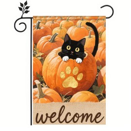 BlissYard Thanksgiving Fall Garden Flag 12x18 Inch Welcome Black Cat Flag Double Sided Outdoor Autumn Yard Banner with Pumpkins and Paw Print for Porch Lawn Patio Seasonal Decor