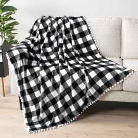 (130cm x 150cm , Checkered White) - PAVILIA Fleece Throw Blanket with Pom Pom Fringe Buffalo Plaid Chequered White, Black Flannel Throw Super Soft Lightweight Microfiber Polyester Plush, Fuzzy, Cosy 130cm x 150cm