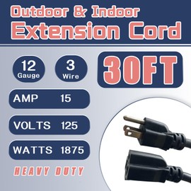 GREATIDE 30 Ft Outdoor Extension Cord - 12/3 SJTW Heavy Duty Black Extension Cable with 3 Prong Grounded Plug - Power Cord for Lawn, Garden, Appliances