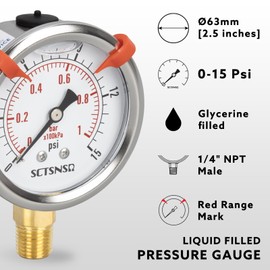 SCTSNSR 0 to 15 Psi Pressure Gauge, Glycerin Liquid Filled, 2.5 inch Dial, 1/4" NPT Lower Mount, Stainless Steel Case, for ATV Tire, HVAC Pipe, Well Tank, Fuel, Coolant, Nitrogen, Low Pressure Test