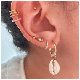 Yheakne Boho Layered Circle Cuff Earrings Gold Shell Dangle Earrings Vintage Cz Evil Eye Stud Earrings Rhinestone Multi Ring Helix Earrings Multiple Piercing Earrings Set Jewelry for Women and Girls