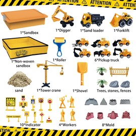 BEIREG Construction Sand Castle Building Kit, Magic Sand Art with Folding Sandbox Construction Vehicles, Sensory Bin Toys for Boys Kids 3-8