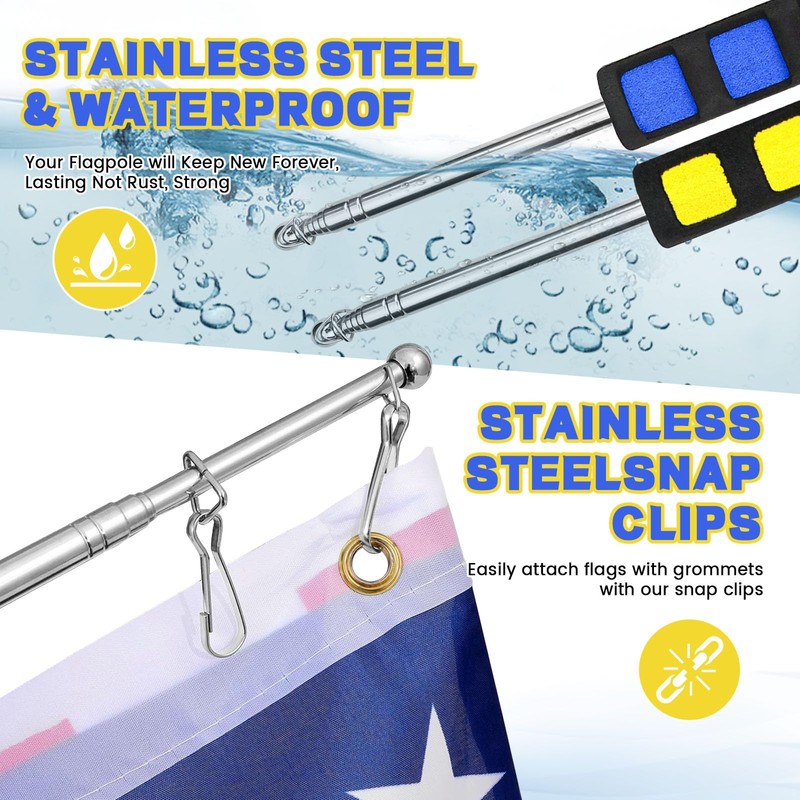 2 Pieces 4ft Telescopic Flagpole with Clips, Portable Telescopic Flagpole