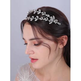 JWICOS Crystal Wedding Headband Tiara Bridal Rhinestone Headpiece Wedding Hair Accessories Tiara for Women and Girls (Blue Gold)