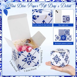Fuyoooo 50 Pcs Mini Blue White Floral Favor Boxes Small 3x3x3'' Chinoiserie Paper Gift Boxes Treats Candy Packaging Cubes for Wedding Birthday Baby Shower Party Supplies (Simple)