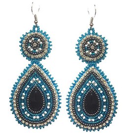Handmade Glass Seed Beaded Teardrop Earrings (Blue Gray)