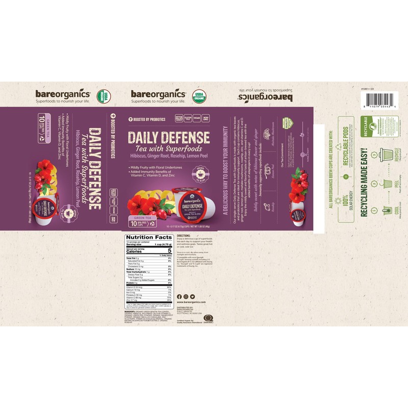BareOrganics DAILY DEFENSE TEA (Organic) with superfoods and Probiotics, 10ct