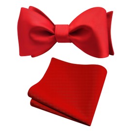 Gusleson Mens Retro Red Self Tied Bow Tie for Wedding Pure Color Plain Silk Bow tie Pocket Square Set (UK0685-04)