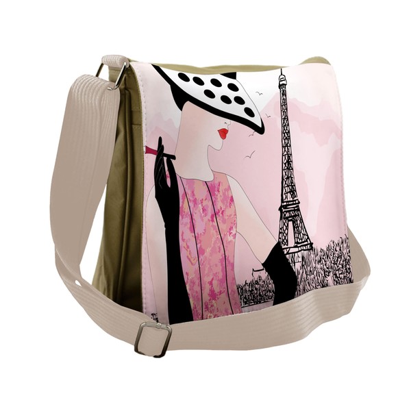 Ambesonne Paris Themed Messenger Bag, Lady and Eiffel Tower, Unisex
