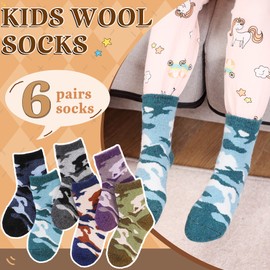Kids Merino Wool Socks Boys Girls Hiking Boot Winter Thermal Warm Cozy Soft Toddler Thick Crew Socks 6 Pairs (6 Pairs Camouflage, 1-3 Years)