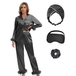 MORFORU Satin Pajama Set for Women Feather Trim Long Sleeve Pjs with Sleep Mask Headband Scrunchie Sleepwear Lounge Set (Black/L)