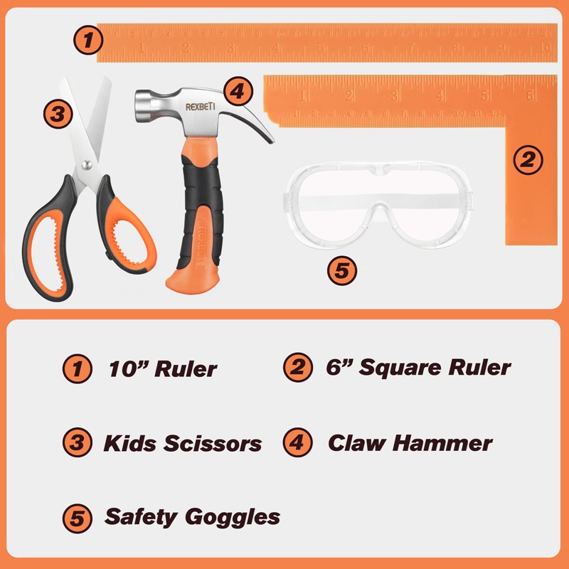 REXBETI 10-Piece Kids Tool Set with Real Hand Tools, Orange