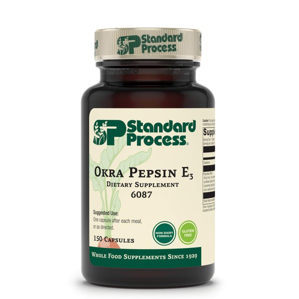 Standard Process Okra Pepsin E3 - Whole Food Digestion and Digestive Health, Cholesterol, Bowel and Bowel Cleanse with Pepsin, Alfalfa, Spanish Moss, Buckwheat and Okra - Gluten Free - 150 Capsules