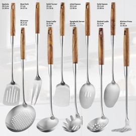 Lazycorner 304 Wooden Handle Stainlss Steel Kitchen Utensils Set 10 Pcs Cooking Utensils Set Heat Resistant Wooden Handle Kitchen Tools, Stainless Steel Wok Spatula