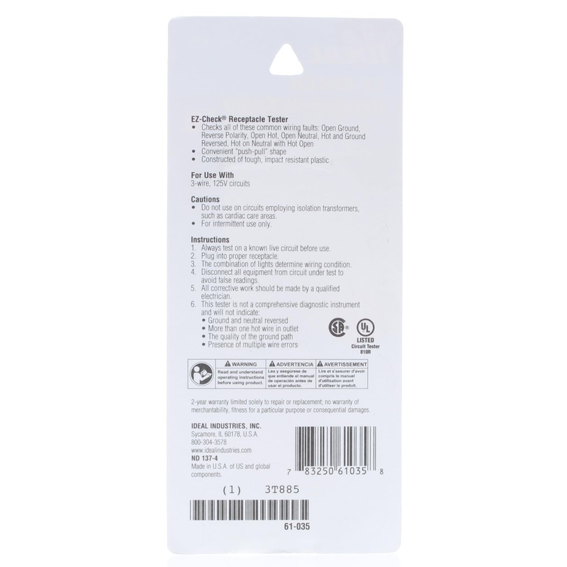 IDEAL INDUSTRIES INC. 61-035 E-Z Check Circuit Tester, 120VAC, Heavy