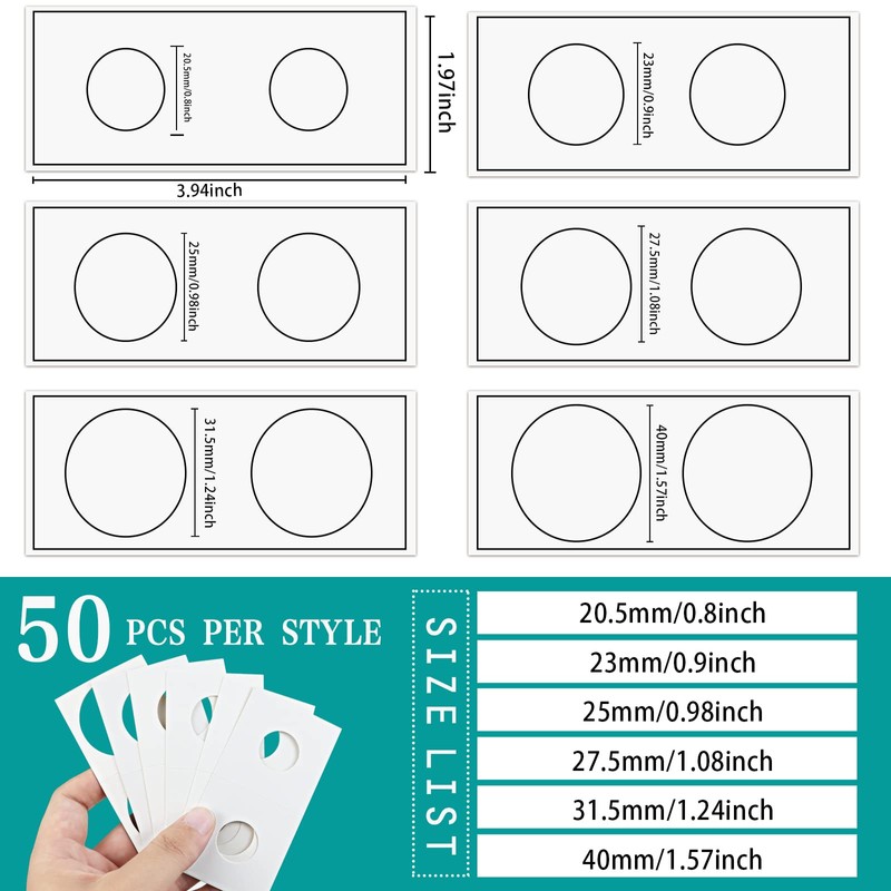 Nexxxi 300 Pcs Cardboard Coin Holder, 6 Sizes 2" x