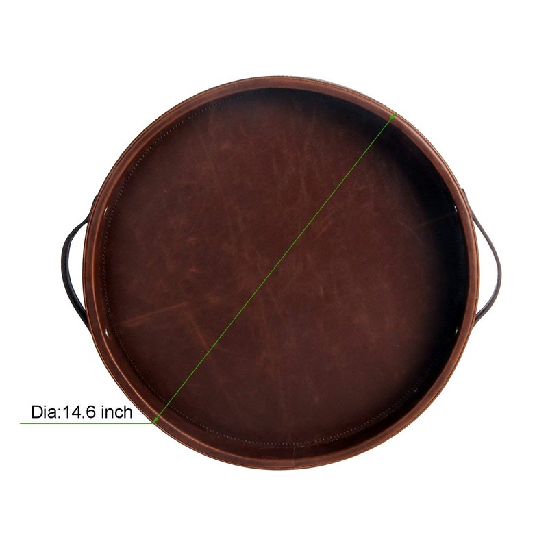 HofferRuffer Top Nocth PU Leather Round Serving Tray, Decorative Serving