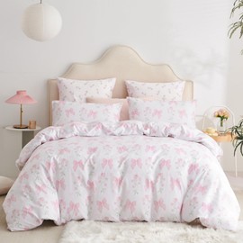 Freyamy Flower Bed Linen 135 x 200 cm 2-Piece White Pink Floral Bow Tie Bedding Sets 100% Microfibre Girls Duvet Cover with Zip and Pillowcase 80 x 80 cm
