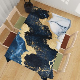 XYJFZL Blue and White Marble Decorative Rectangle Tablecloth Gold Abstract Texture Rectangle Kitchen Table Cover Oblong Tablecloth for Dining Table Buffet Parties Patio Camping 52 x 70 Inch 4-6 Seats