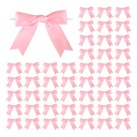 Meseey 50 Pcs 3 Inches Twist Tie Satin Ribbon Bows Pink Pretied Premade Craft Bows for Treat Bags Gift Wrapping Basket Wedding Baby Shower Brithday Christmas Party (3", Pink)