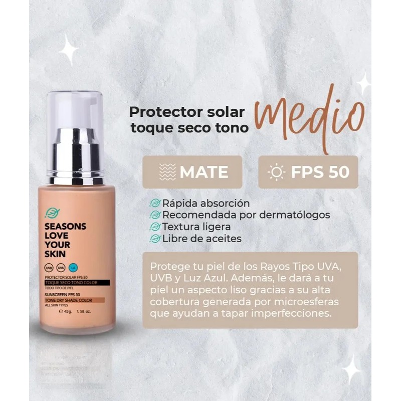 Protector Solar Facial Con Color Toque Seco Fps 50 Seasons