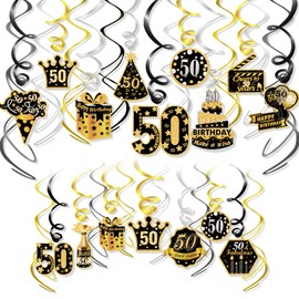 HOWAF 50th Birthday Decoration for Men, Pack of 30 Black Gold 50th Birthday Hanging Swirl Decoration, 50th Birthday Hanging Decoration, Ceiling Hanger, Spiral Garland for 50th Birthday Decoration Men