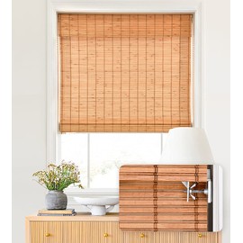 LazBlinds No Tools No Drill Cordless Bamboo Roman Shades, Light Filtering Window Treatment, Roll Up Bamboo Blinds for Windows 21'' W x 64'' H, Wood