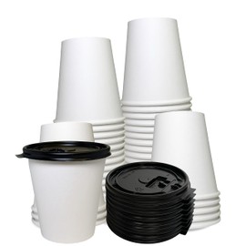 12 oz Disposable White Paper Coffee Cups with Black Flat Lids, Recyclable Hot/Cold Beverage Paper Drinking Cups with Lids for Tea, Water, Coffee, Travel, Picnic, Breakroom, Office (50 PACK)