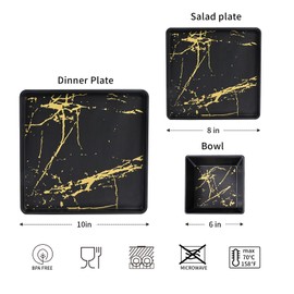 Yummost Melamine Dinnerware Sets - 12pcs Square Plates and Bowls Sets For 4, Indoor Outdoor Use, Dishwasher Safe, Black & Gold