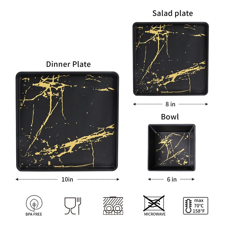 Yummost Melamine Dinnerware Sets - 12pcs Square Plates and Bowls